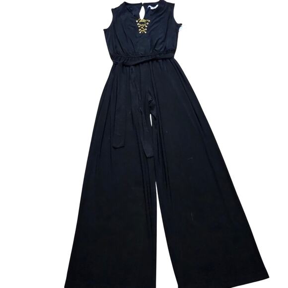 EMMA & MICHELE Jumpsuit Women L Black Gold Chain Wide Leg Sleeveless Elegant NWT - Picture 1 of 7
